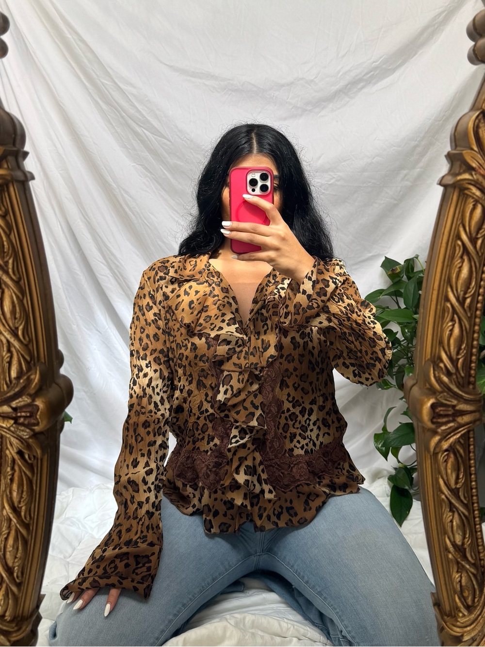 Leopard Print Ruffle Blouse - Brown